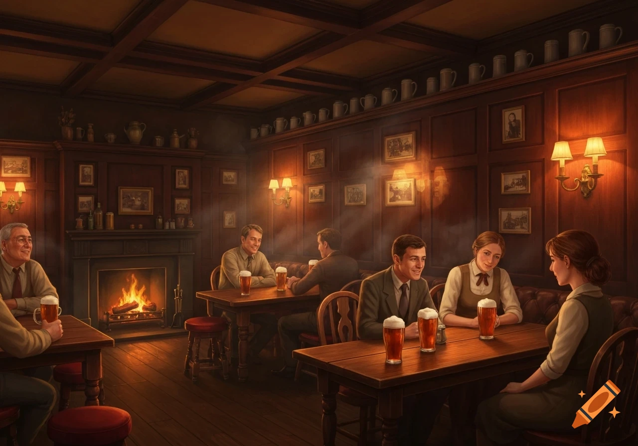 People socialize in a warmly lit, traditional pub with a fireplace and wooden paneling, enjoying mugs of beer.