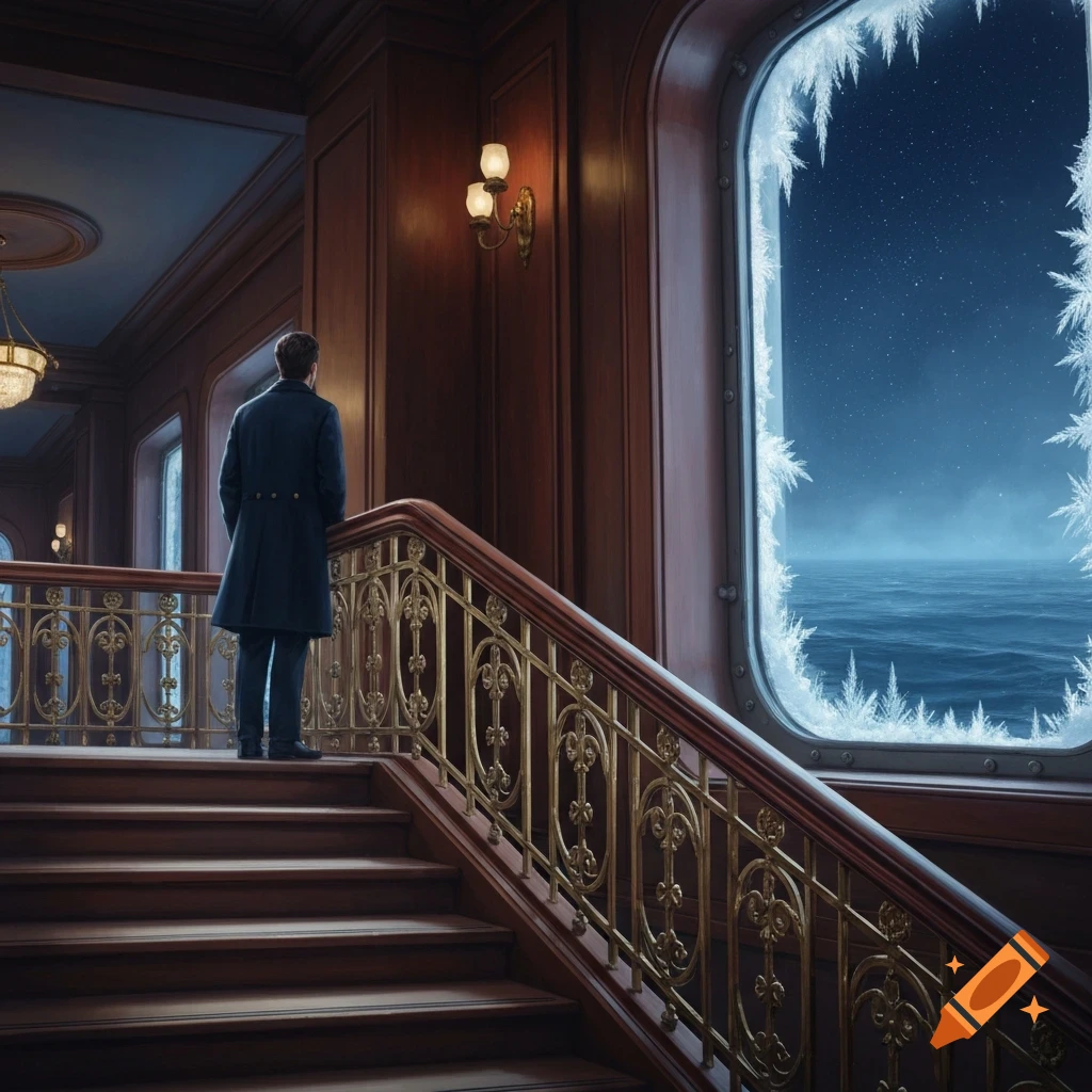 A man in a coat stands on a grand wooden staircase inside a luxurious ship, looking out a frosted porthole at a dark, starry sea.