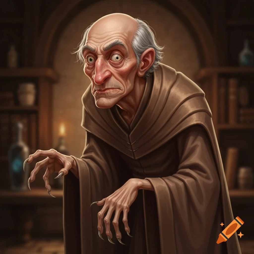 A stylized illustration of a gaunt, hunched old man in brown robes, with an uneven face, wide eyes, and long claw-like fingernails, in a dimly lit room.