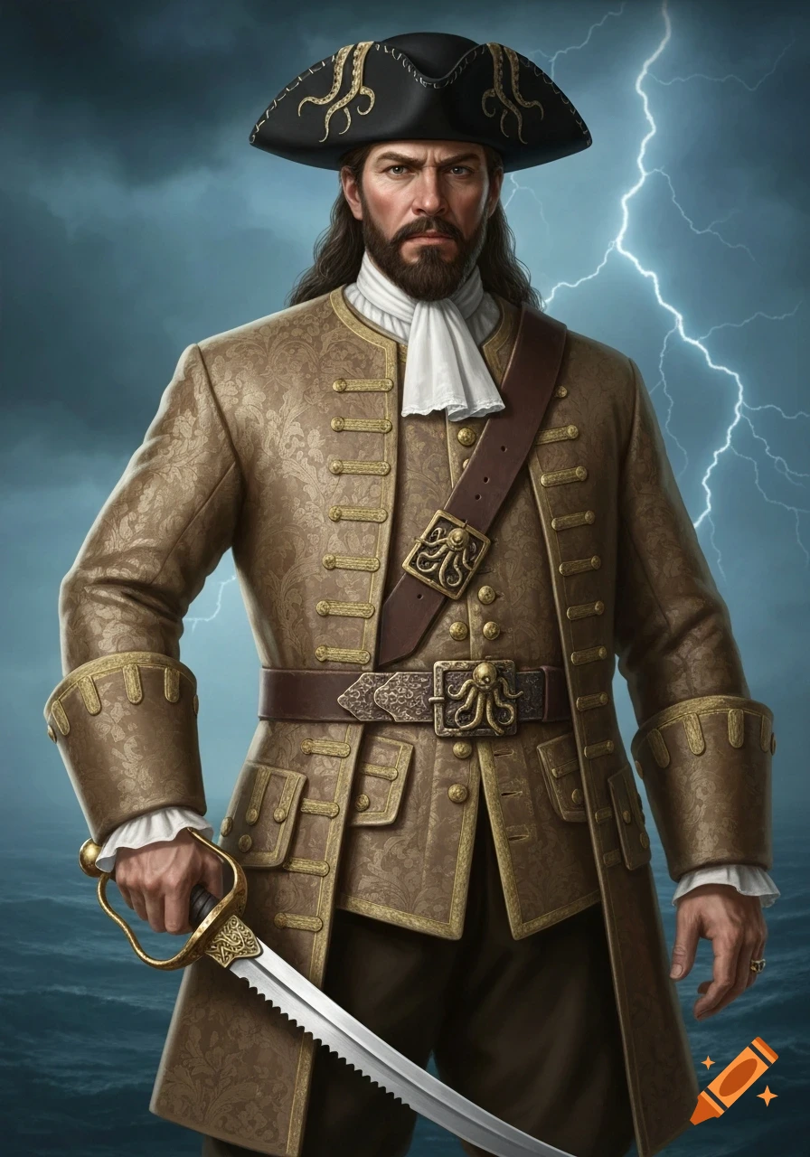 A detailed portrait of a bearded pirate in ornate historical attire, holding a saw-back sword, against a stormy sky with lightning.