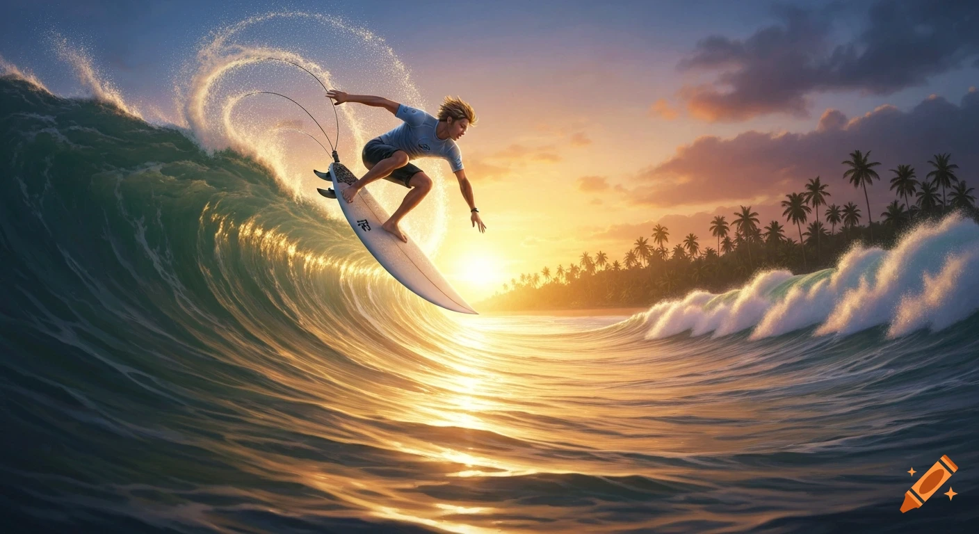 A blonde surfer rides a large wave during a vibrant sunset on a tropical beach with palm trees.