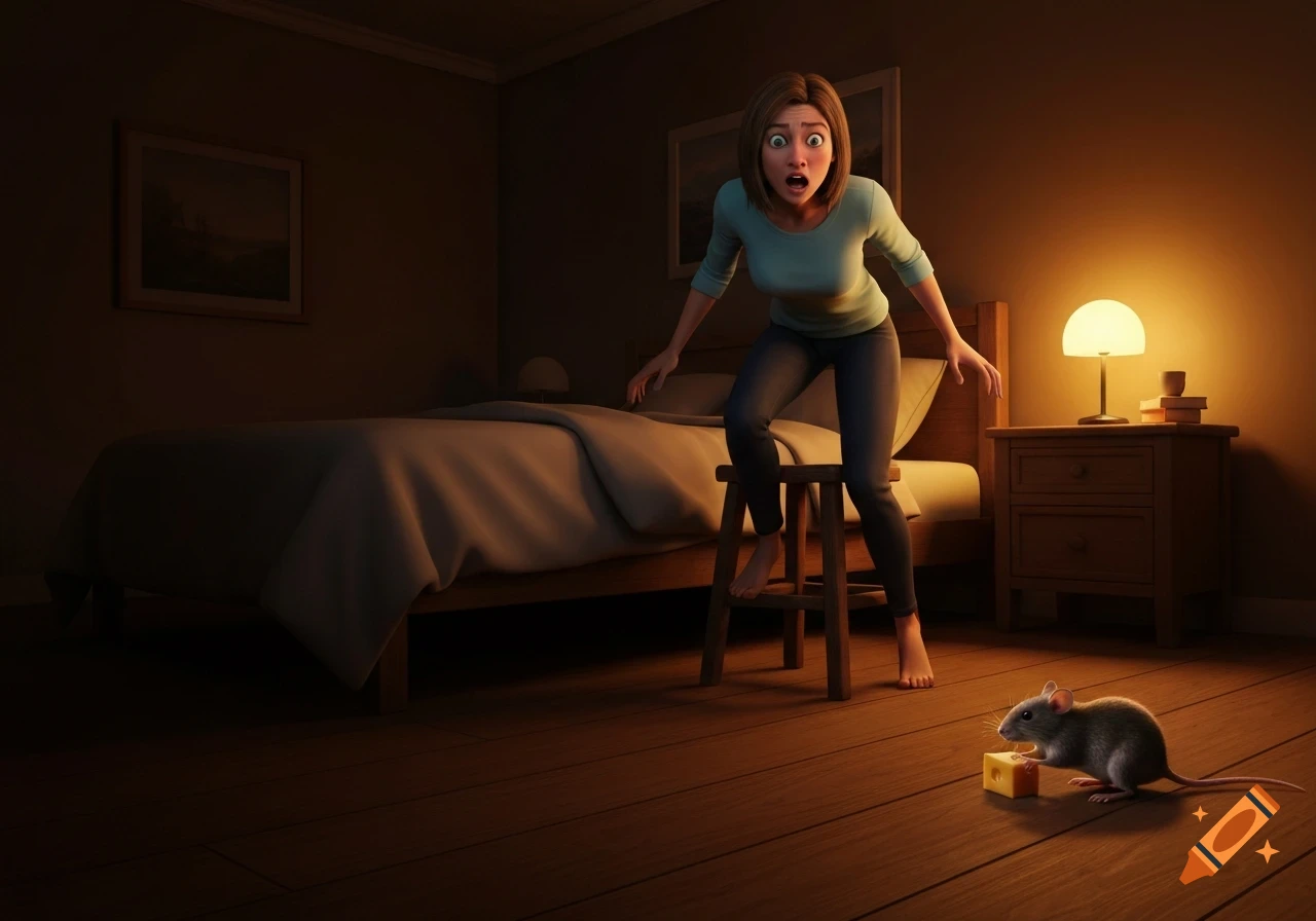 A scared cartoon woman stands on a stool in a dimly lit bedroom, eyes wide, as a mouse eats cheese on the floor.
