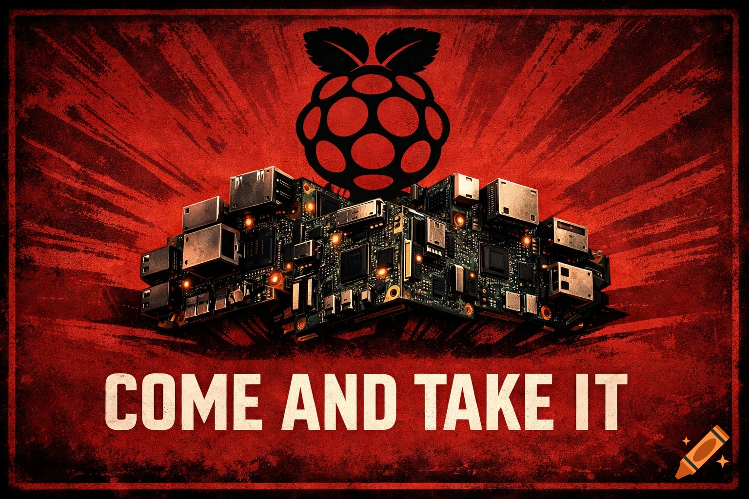 A red grunge-style poster with a black Raspberry Pi logo above a pile of circuit boards, and white text 'COME AND TAKE IT' below.