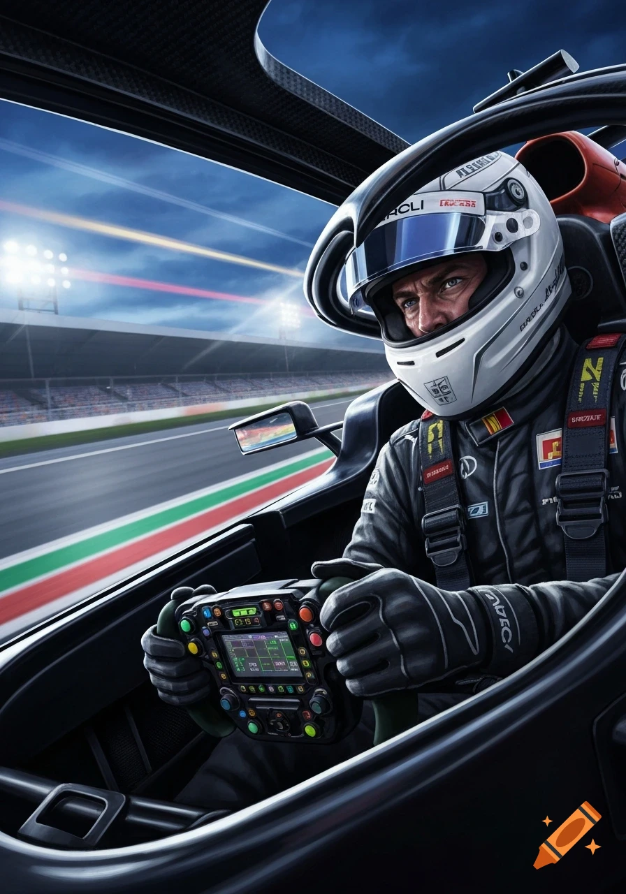 A photorealistic image of a Formula 1 driver in their car, wearing a helmet and looking forward on a race track.