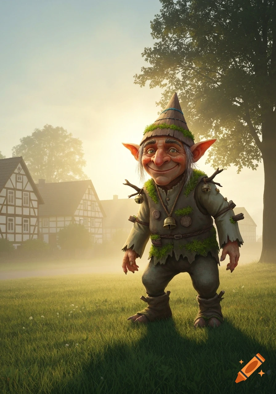 A whimsical gnome with large ears and a pointed hat stands in a misty, sunlit field with half-timbered houses in the background.