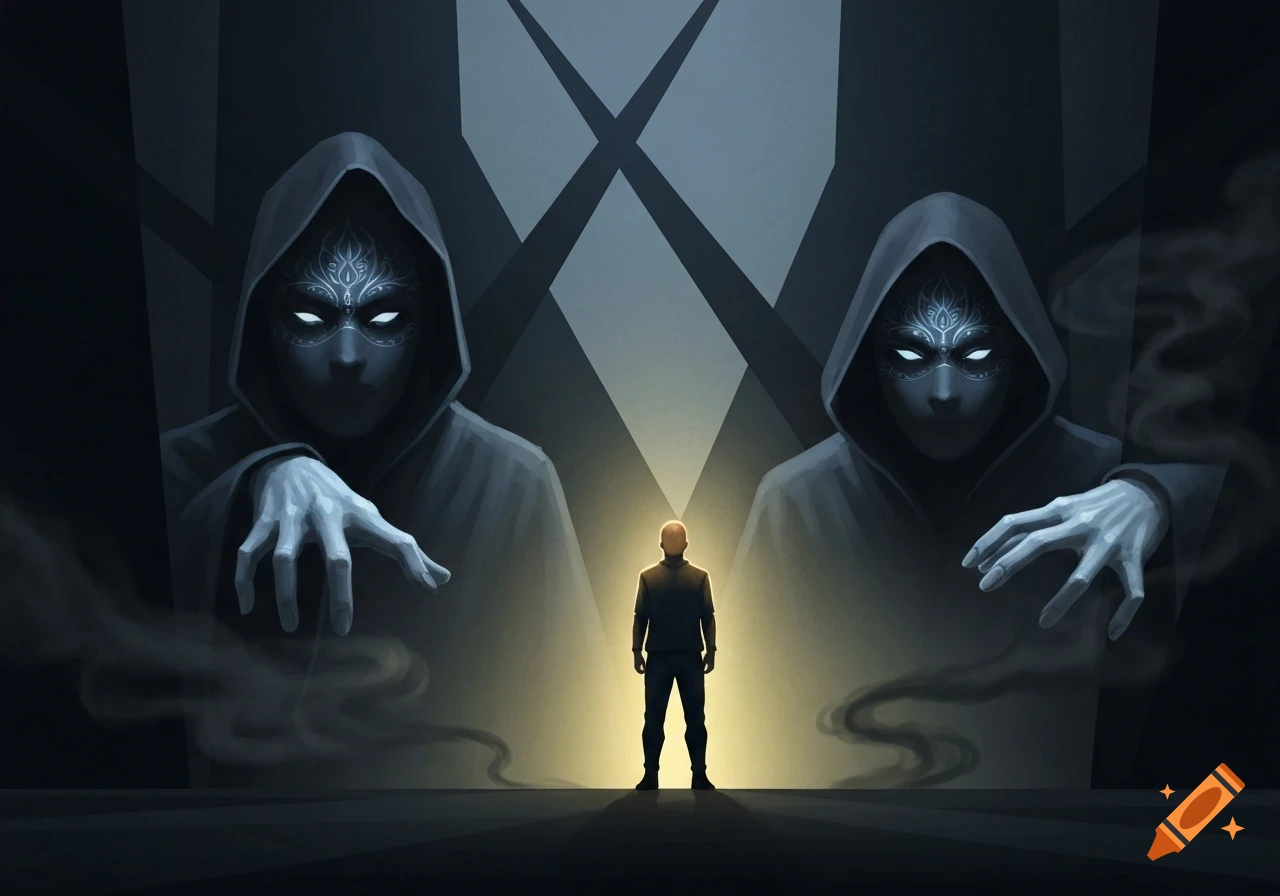 A man in a spotlight faces two hooded, masked figures with glowing eyes and reaching skeletal hands, surrounded by dark mist.