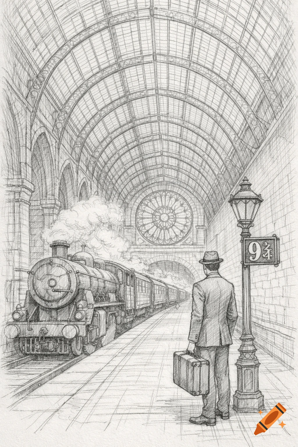 Detailed pencil sketch of a man with a suitcase on a train platform next to a lamppost with a "9 ", a steam train, and a vaulted station roof.