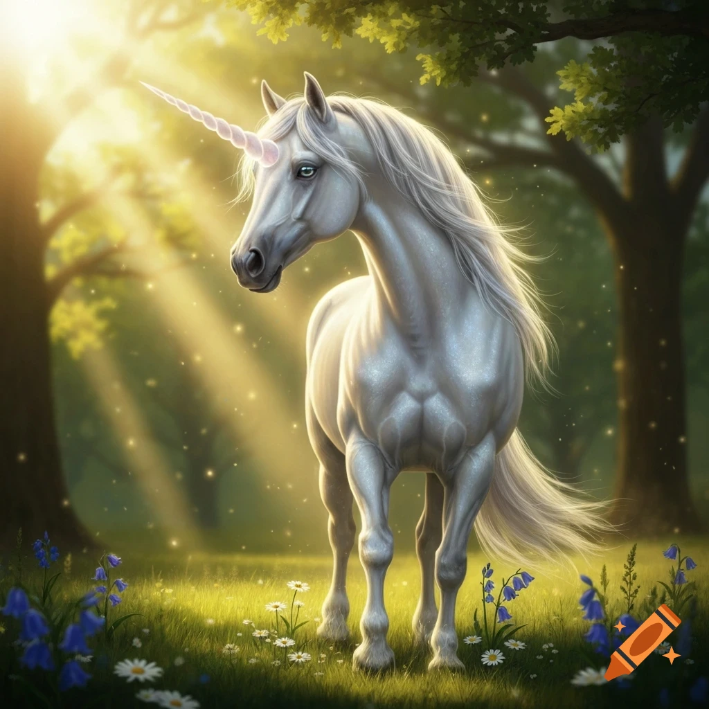 A majestic white unicorn with a pink horn stands in a sunlit enchanted forest clearing, surrounded by wildflowers.