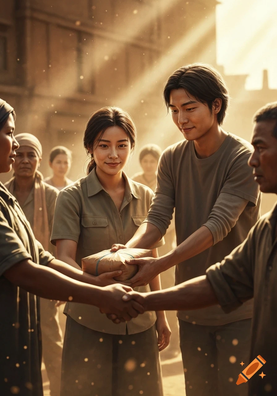 Two people exchange a package while another shakes hands in a dusty, sunlit scene depicting humanitarian aid.