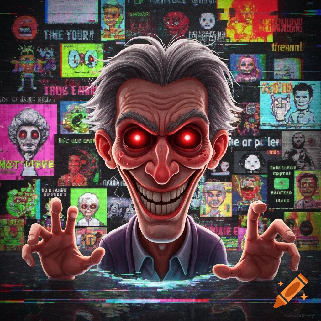 A cartoonish, menacing man with red glowing eyes and a wide grin emerges from a glitchy pixel art background.