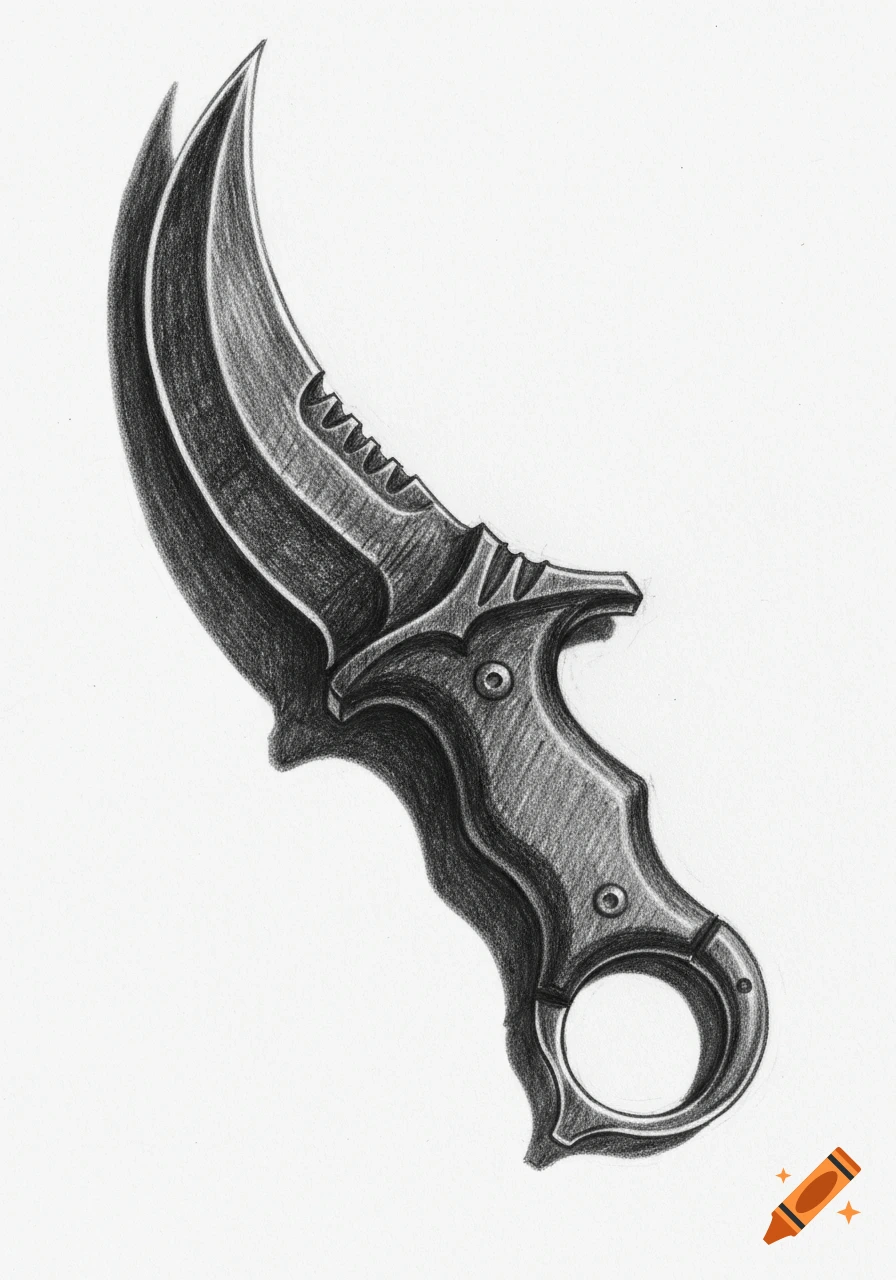A heavily dark pencil-shaded drawing of a karambit knife with a sharp curved blade and tactical handle, in a monochrome sketch style.