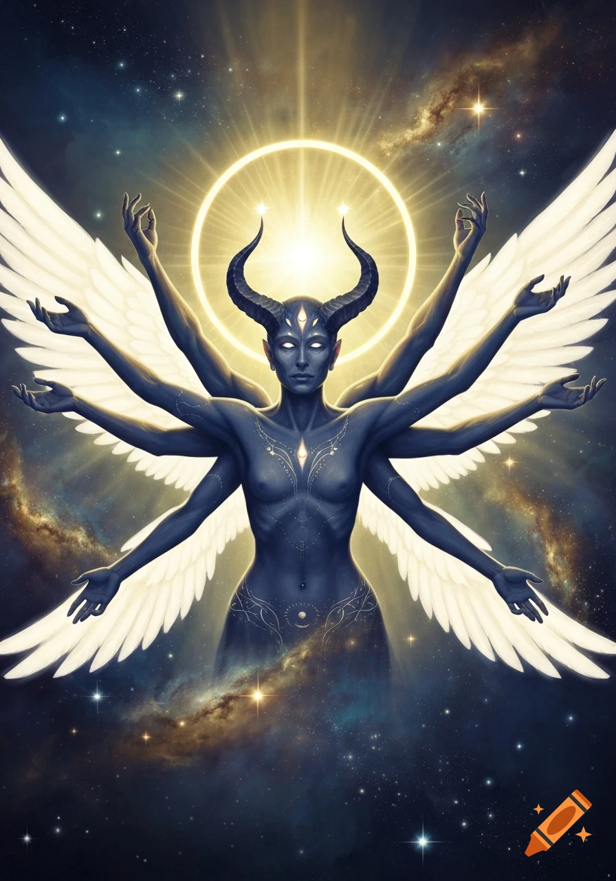 A dark blue divine being with six arms, two horns, three glowing eyes, and a bright halo, flanked by large white wings against a starry galaxy background.