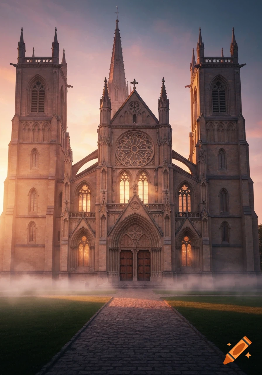 Photorealistic image of a majestic Gothic church at sunrise, with a cobblestone path, surrounded by mist.