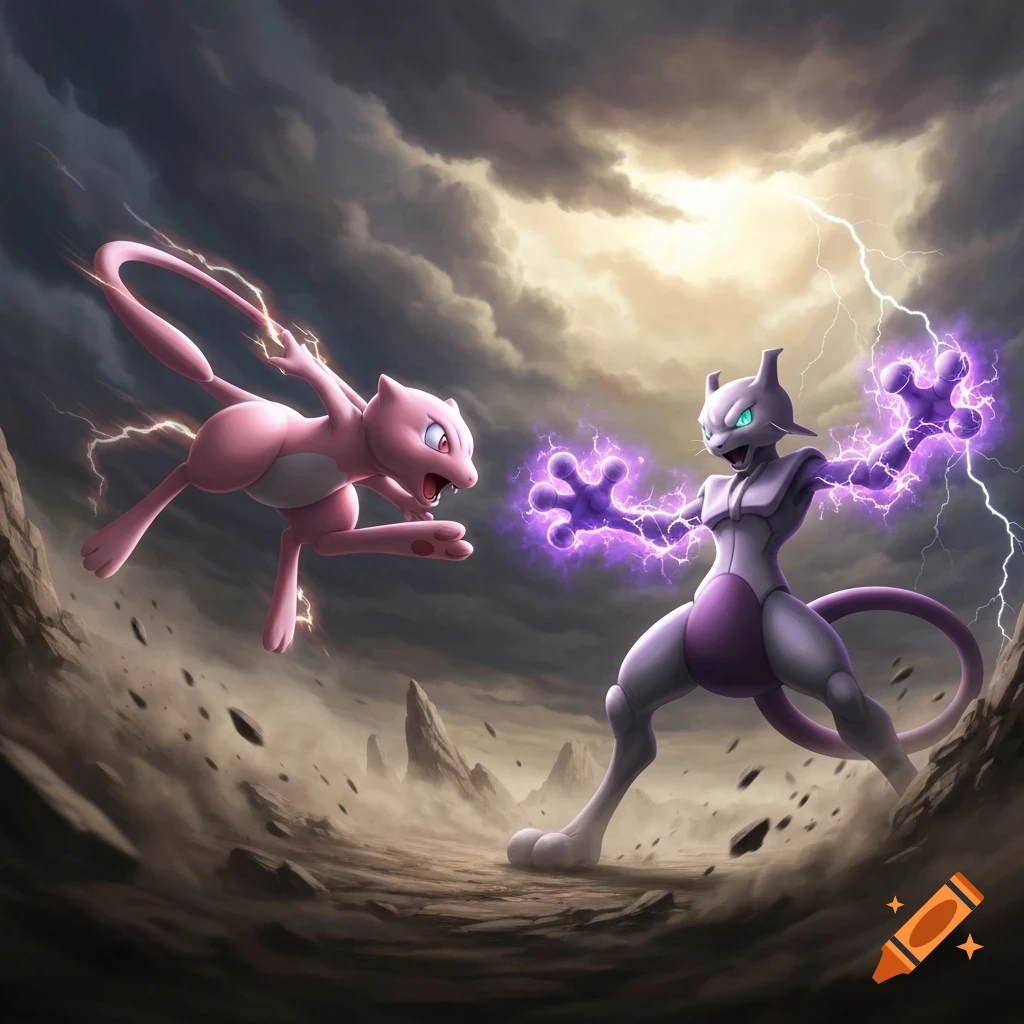 Pink Mew flies towards grey-purple Mewtwo, who charges purple energy in a dramatic stormy landscape with lightning.