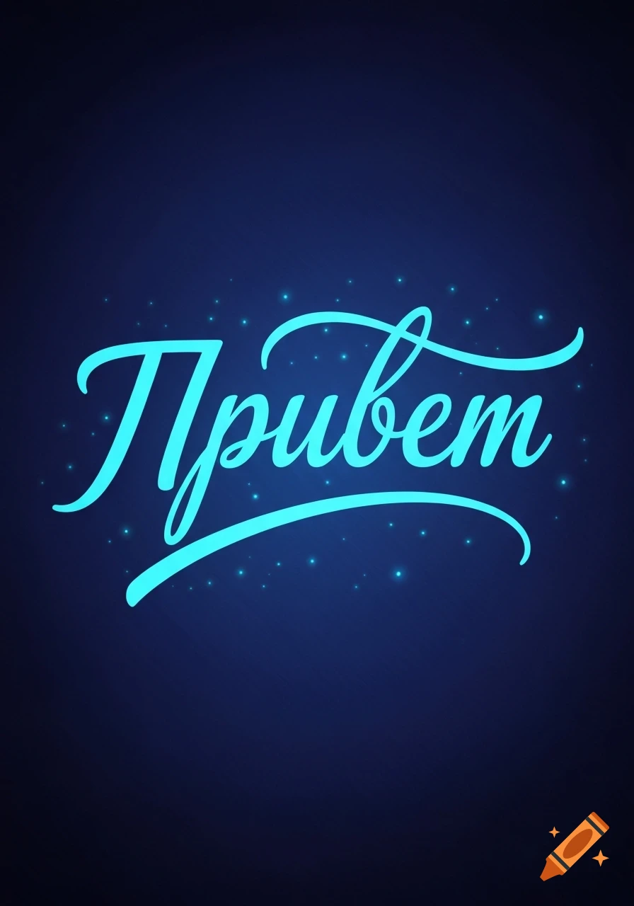Stylized glowing blue cursive 'Привет' text on a dark blue background with sparkling lights.