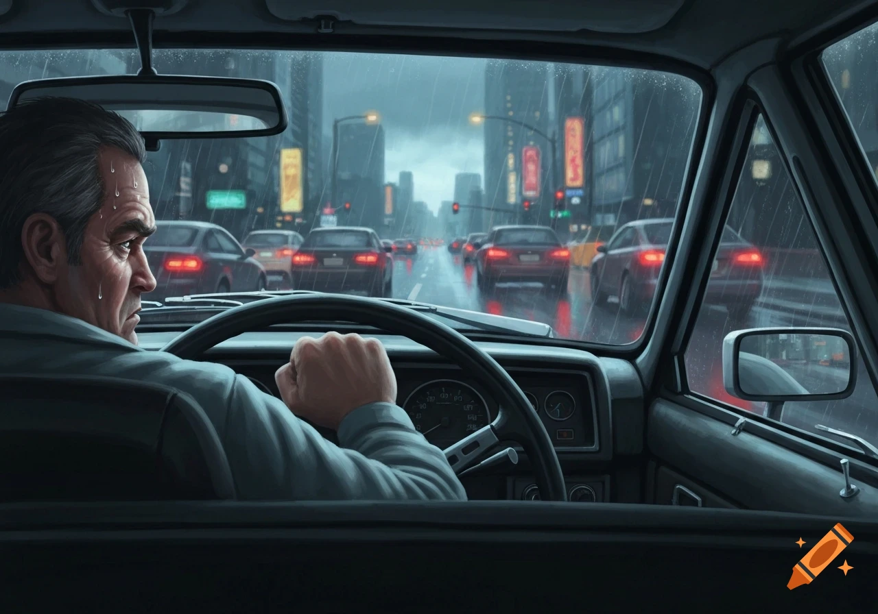 A frustrated man drives a car through a rainy city street, seen from behind the driver's seat.