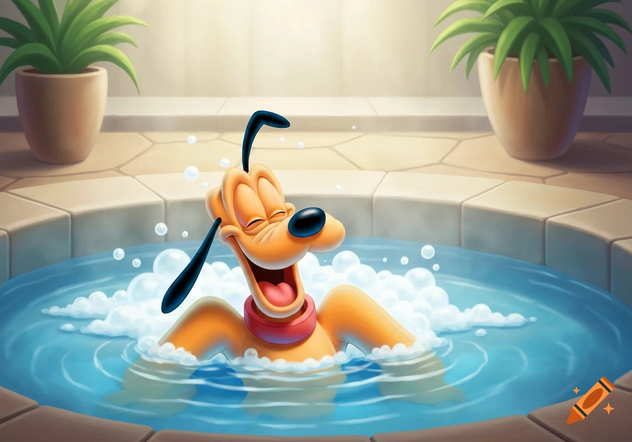 Disney's Pluto smiles widely, relaxing chest-deep in a bubbly cartoon hot tub, with potted plants in the background.