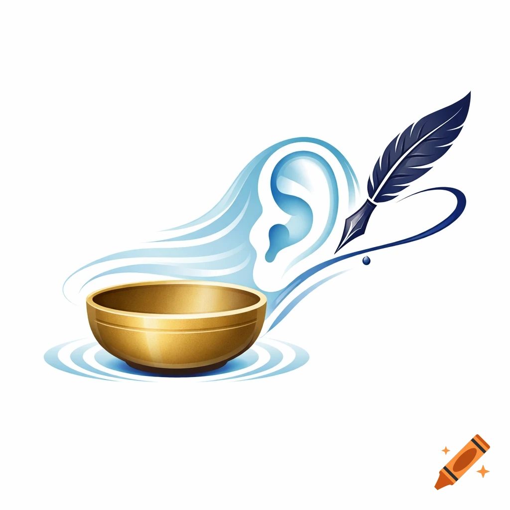 Stylized logo featuring a golden singing bowl with ripples, a blue ear, and a dark blue quill with an ink drop.
