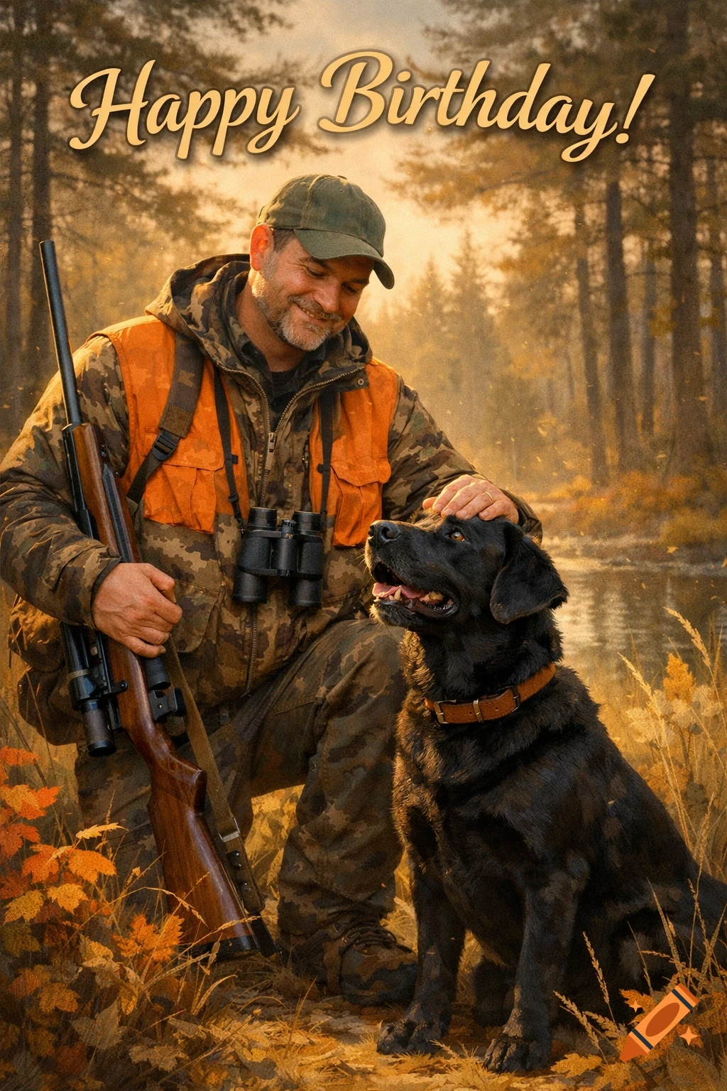 A man in hunting gear with a rifle pets a black Labrador in an autumn forest by a lake. 'Happy Birthday!' text.