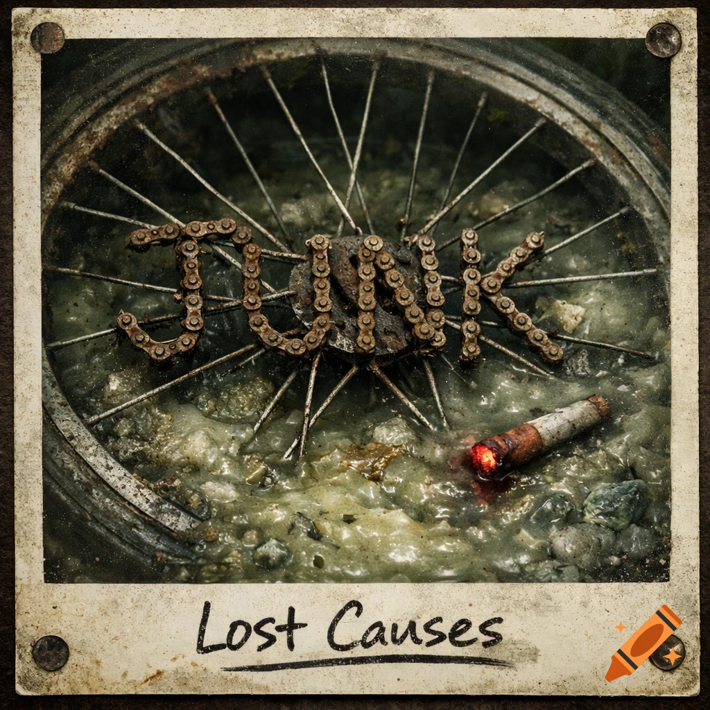 A weathered bicycle wheel half-buried in a green, slimy puddle with a rusted chain spelling JUNK, and a glowing cigarette butt. The image is framed like a faded Polaroid with thumbtack holes, with 'Lost Causes' scrawled below.