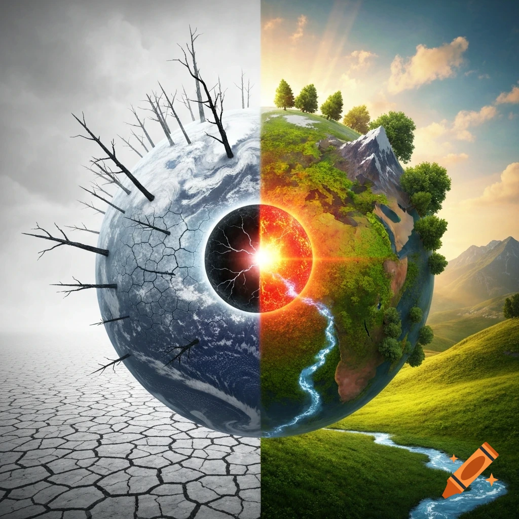 A globe split down the middle, showing a barren, cracked Earth with dead trees on the left, and a vibrant, green Earth with lush nature on the right.