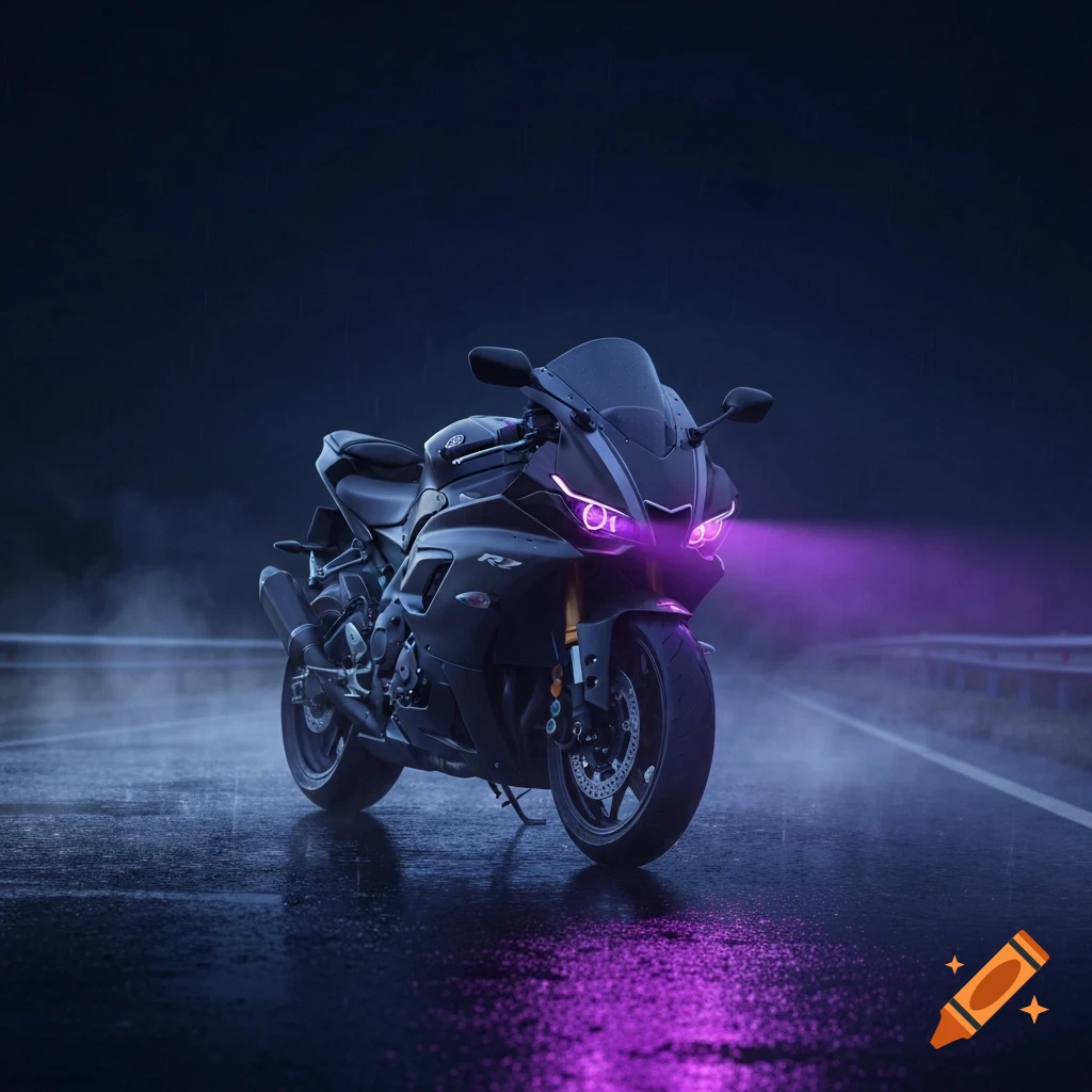 Photorealistic black Yamaha R7 motorcycle with glowing purple headlights on a wet road at night.