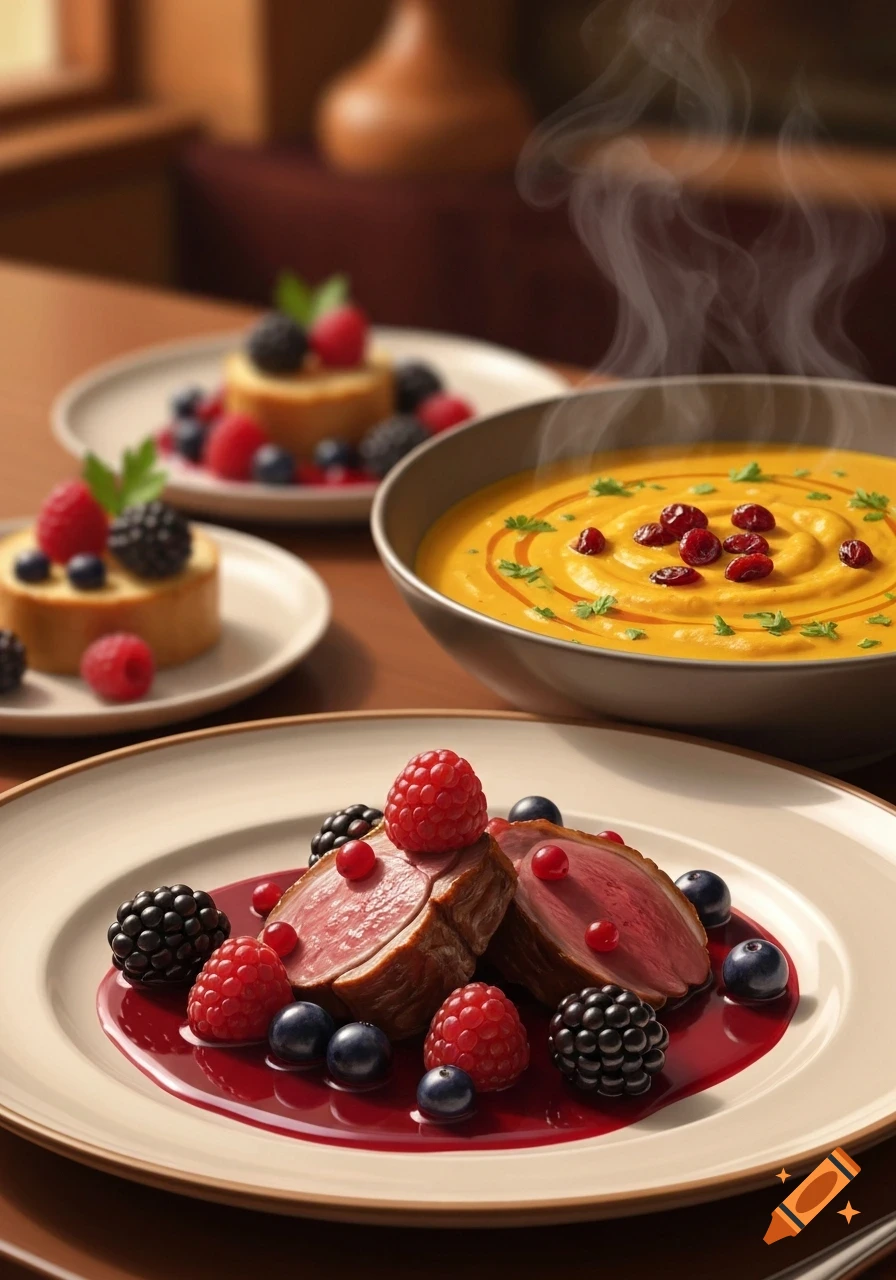 Plates of food featuring sliced meat with berries and sauce, a steaming bowl of yellow curry with cranberries, and berry tarts.