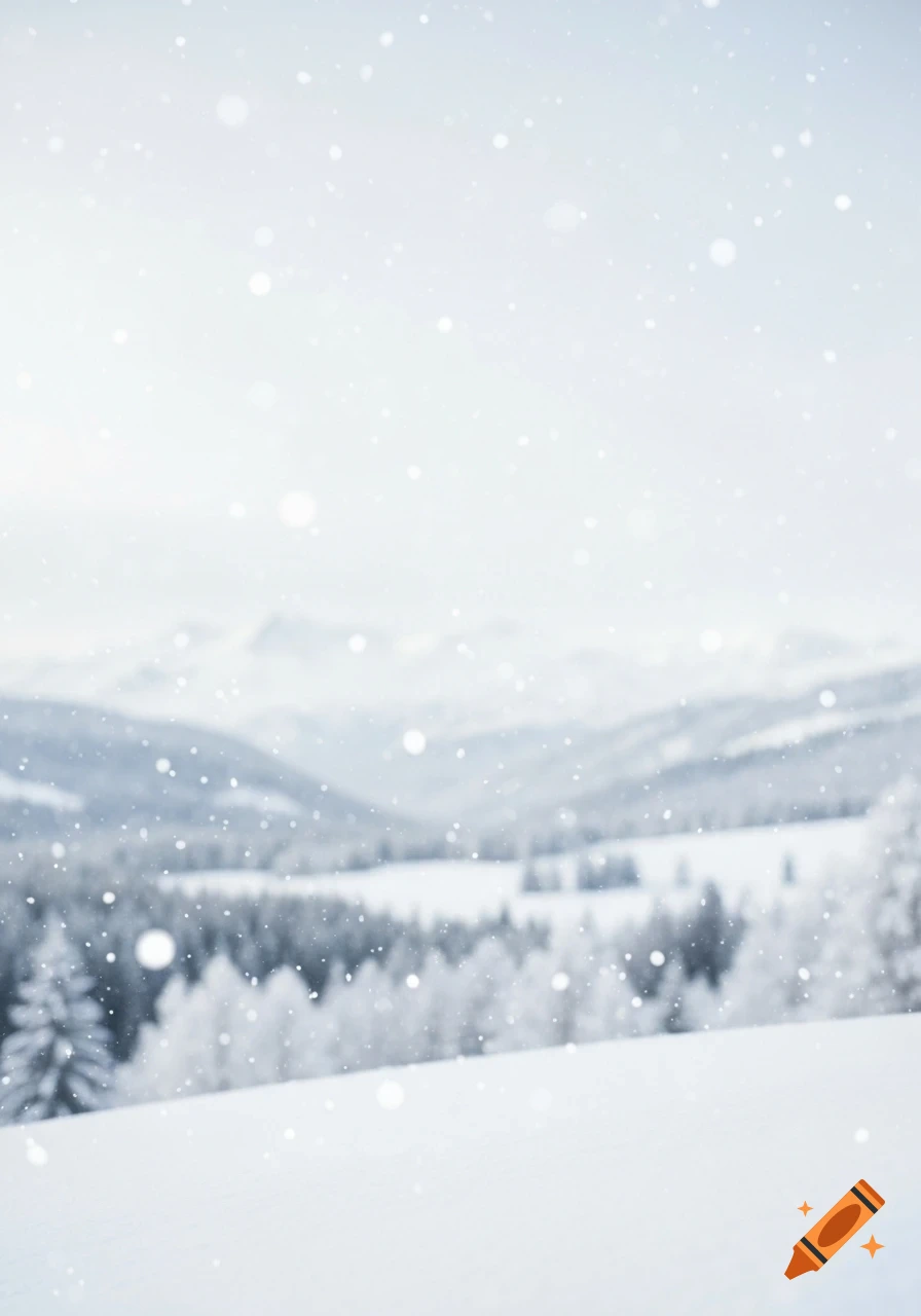 A soft, blurred view of a snowy mountain landscape with frosted evergreen trees and falling snow.