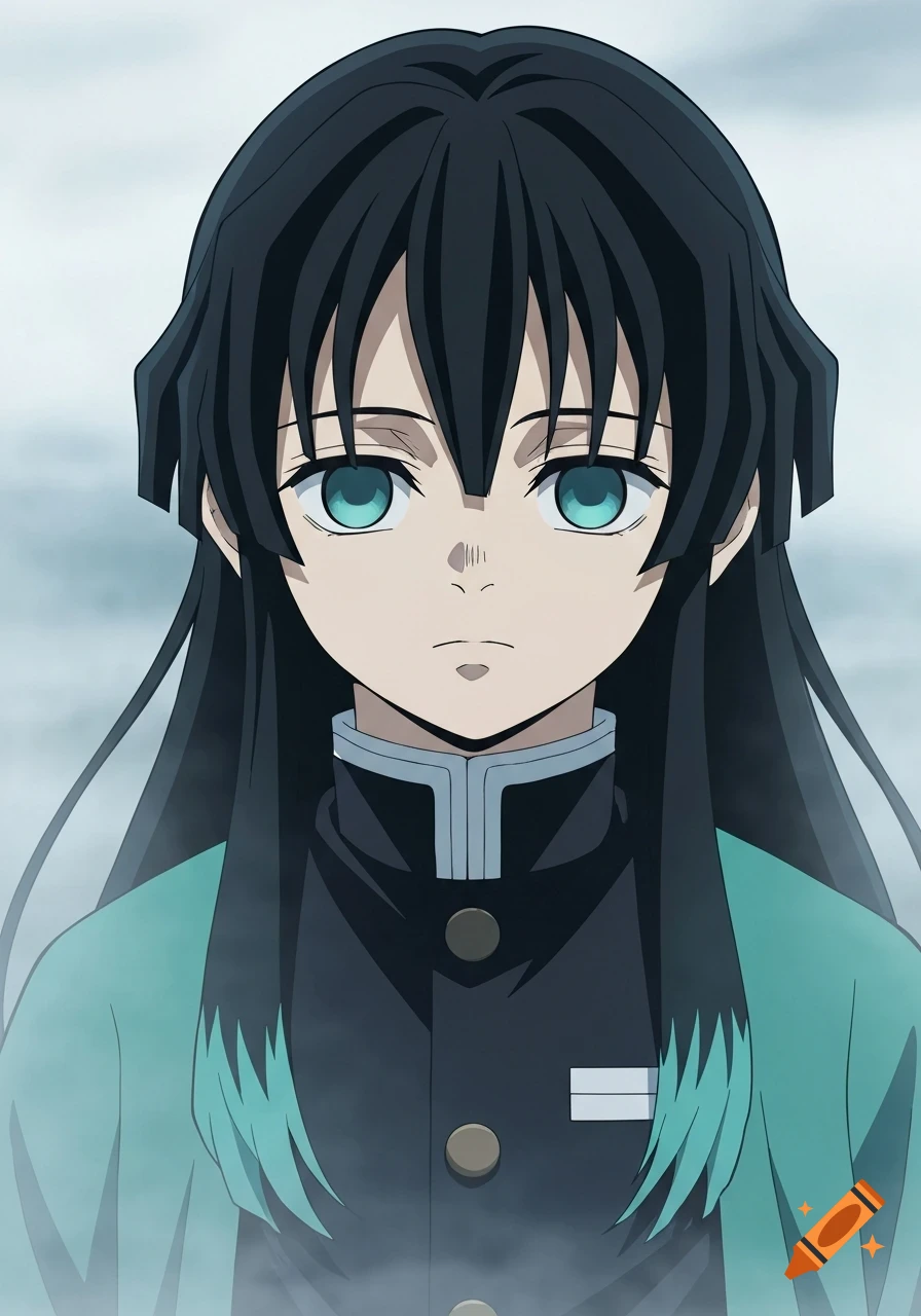 Anime illustration of Muichiro Tokito with long black and turquoise hair, turquoise eyes, neutral expression, in a Demon Slayer uniform.
