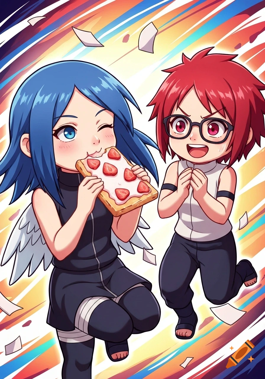 Chibi anime Konan with blue hair eating a strawberry dessert while Karin with red hair and glasses looks excited, set against a vibrant background.