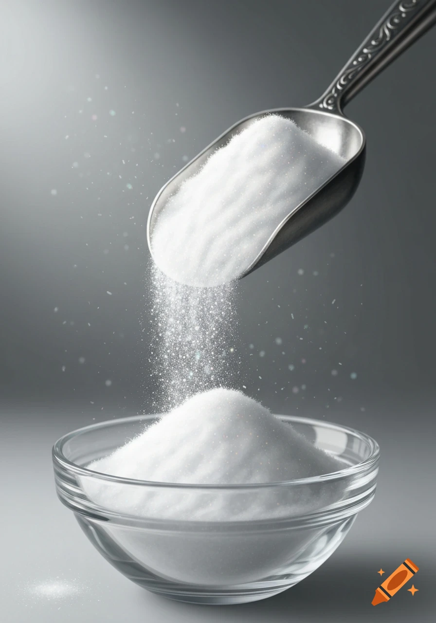 A metal scoop pours white powder into a clear glass bowl, creating a pile with sparkling particles in the air on a gray background.