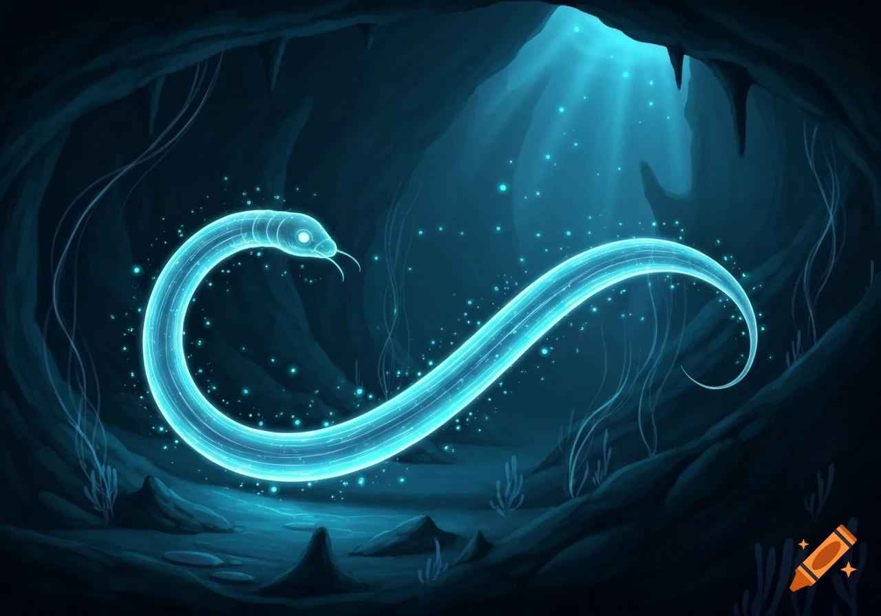 A glowing, luminous blue worm-like creature swims in a dark, mysterious cave with light rays filtering from above.