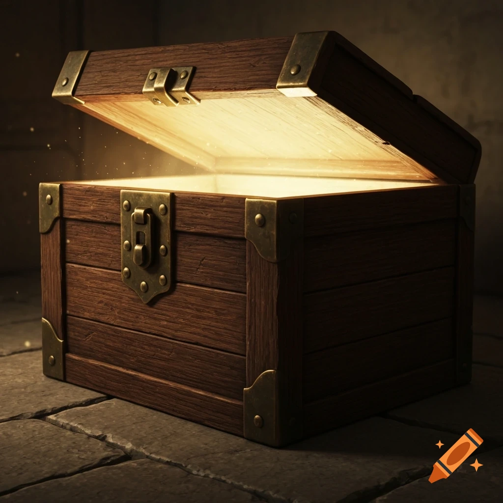 A dark wooden treasure chest with brass fittings sits on a stone floor, its slightly open lid emitting a bright golden glow.