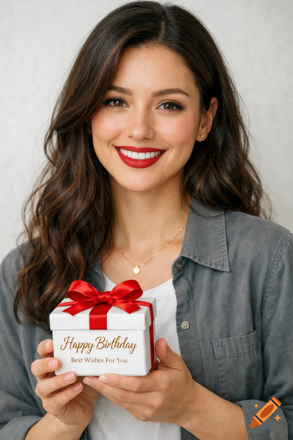 A young woman with long wavy dark brown hair, red lipstick, and a gray jacket smiles warmly, holding a white birthday gift box with a red ribbon.