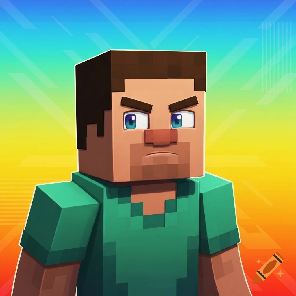 Blocky portrait of Minecraft Steve with a serious expression against a colorful, gradient background.