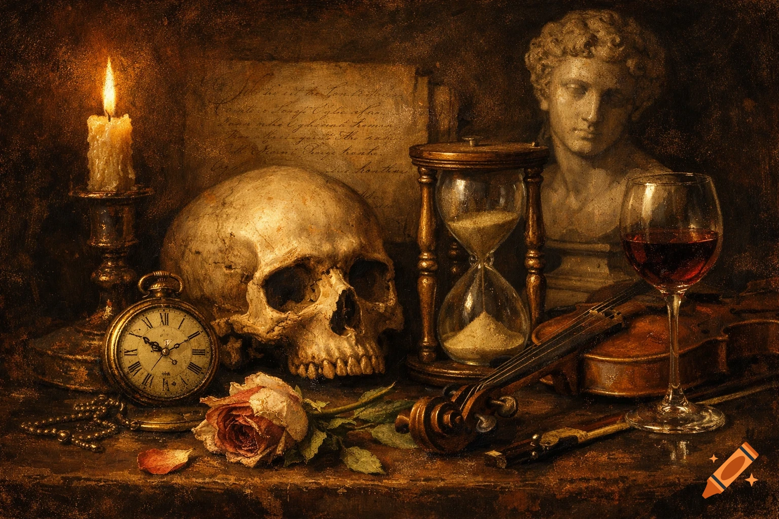 Dark, painterly still life featuring a skull, hourglass, candle, pocket watch, rose, violin, bust, and a glass of red wine, alluding to the passage of time.