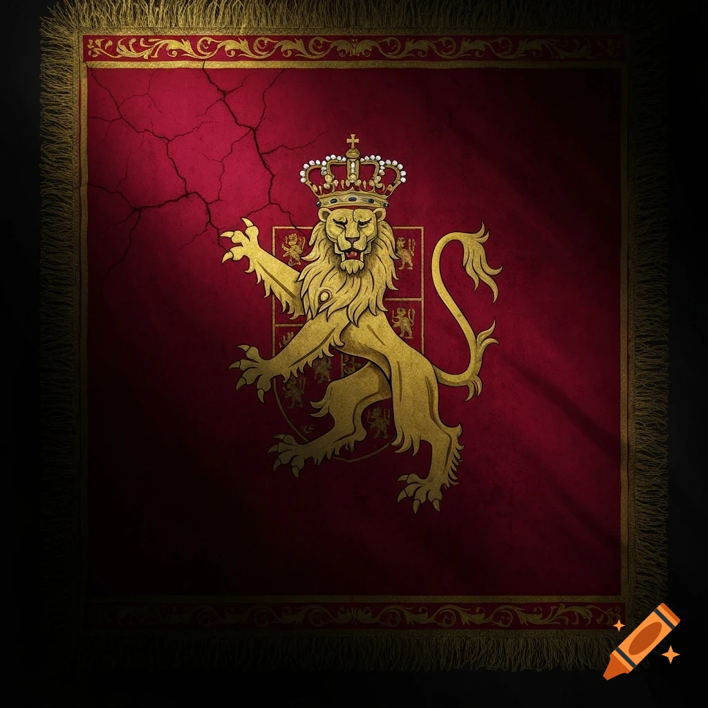 A dark red flag featuring a gold crowned lion rampant standing on a smaller crest, with a weathered, cracked texture.