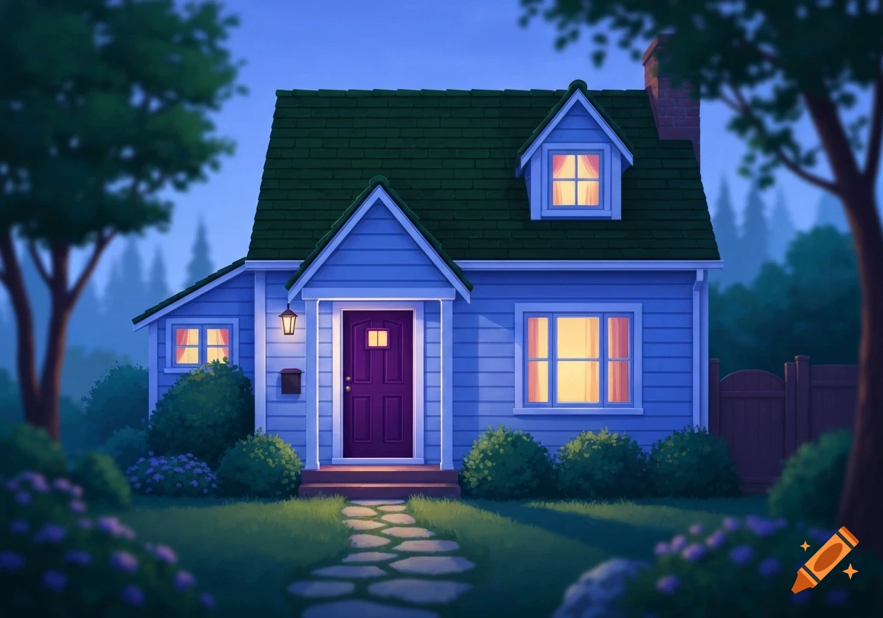 A peaceful, periwinkle blue house with a dark green roof and purple door, lit by glowing windows at dusk, with trees and a stone path.