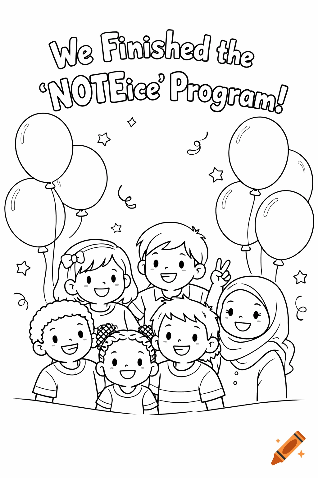 Black and white coloring page of diverse smiling children celebrating with balloons and confetti, text 'We Finished the NOTEice Program!'