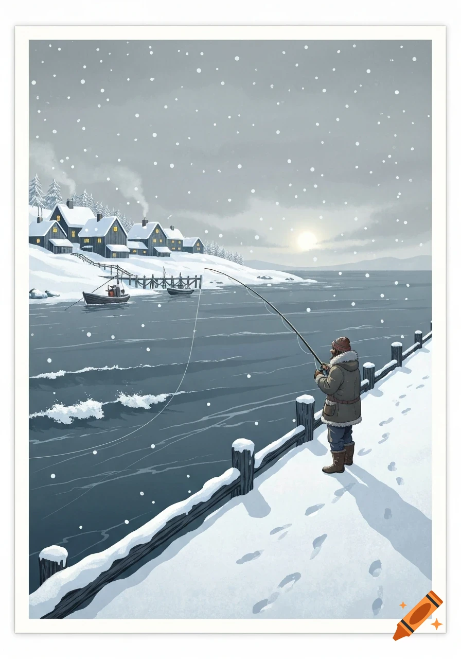 An illustration of a person fishing from a snowy pier by a village on a gray winter day.