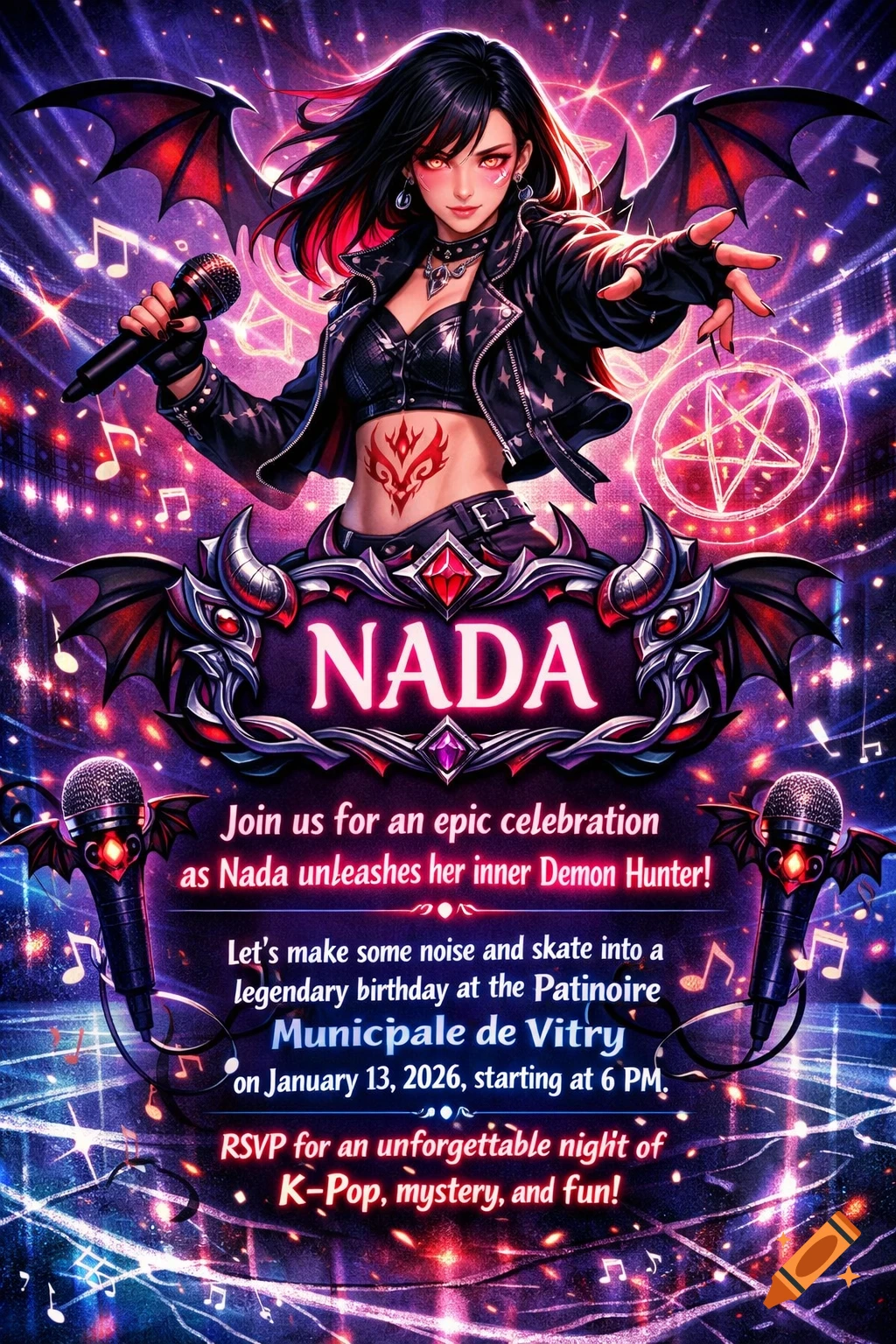 Anime-style invitation card featuring a female singer with demon wings and a pentagram, holding a microphone amidst glowing musical notes and stars, with party details.