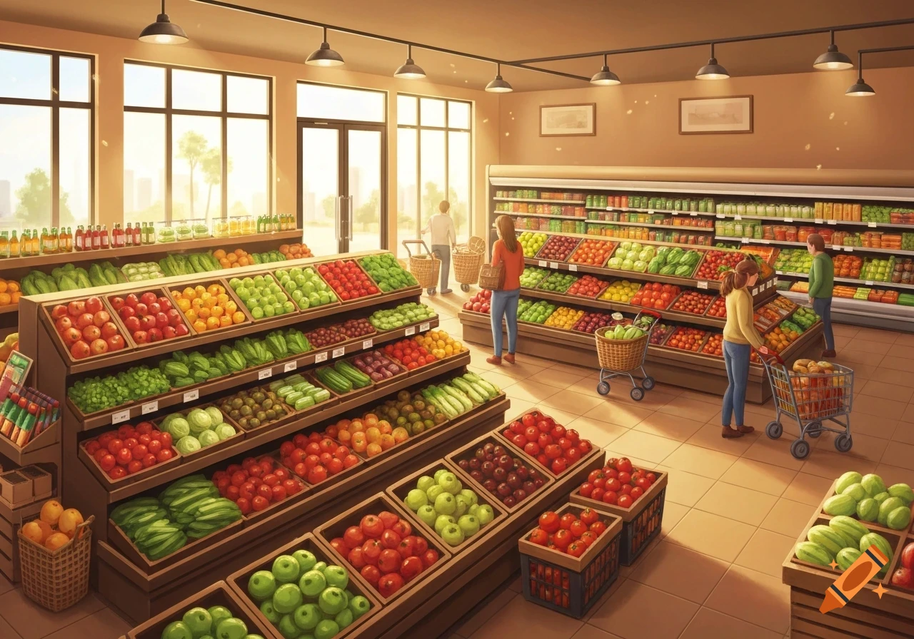 A bright, cartoon-style illustration of a busy grocery store, with several customers browsing rows of fresh fruits and vegetables.