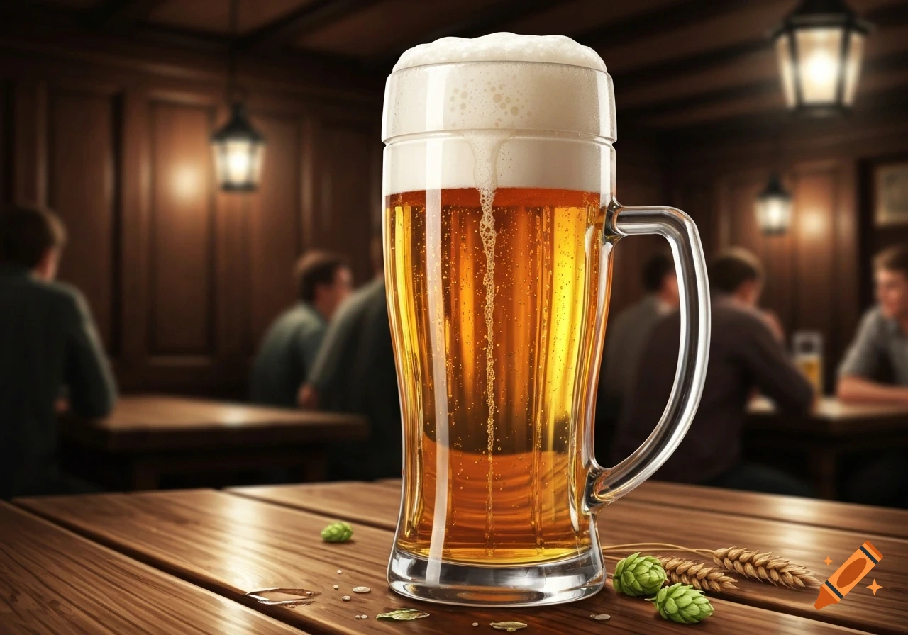 A close-up, photorealistic image of a large, frothy beer mug on a wooden table, with hop cones and wheat, in a dimly lit pub setting.