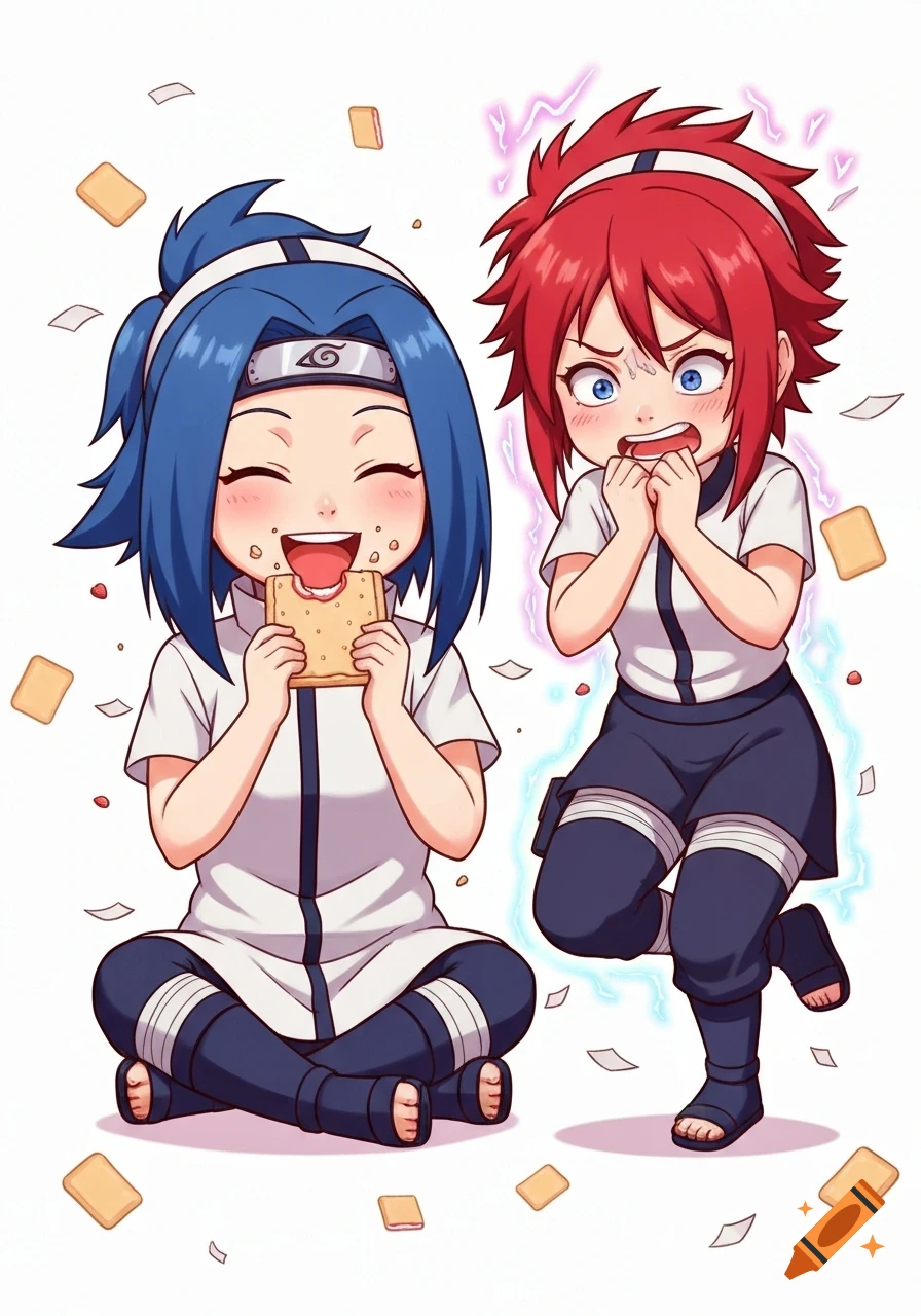 Chibi anime illustration of a blue-haired girl happily eating a poptart while a red-haired girl looks on in shock.
