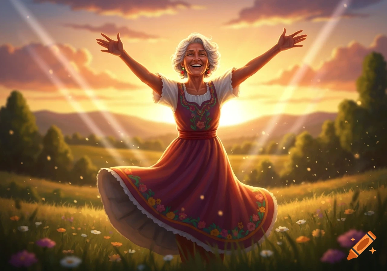 A joyful elderly woman with white hair dances with outstretched arms in a vibrant field at sunset.