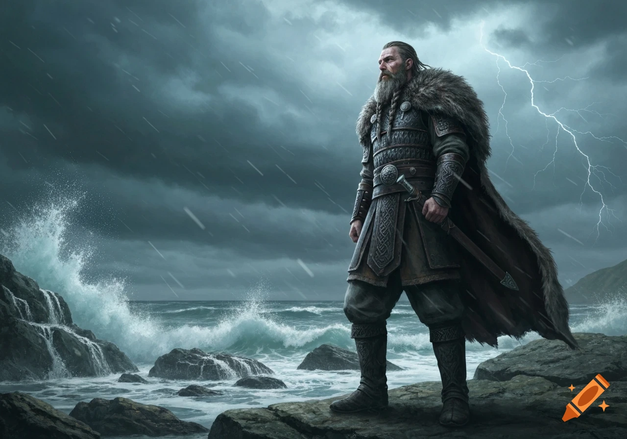 A rugged Viking warrior in fur and armor stands on a rocky shore, looking out at a stormy, rain-swept sea with lightning.