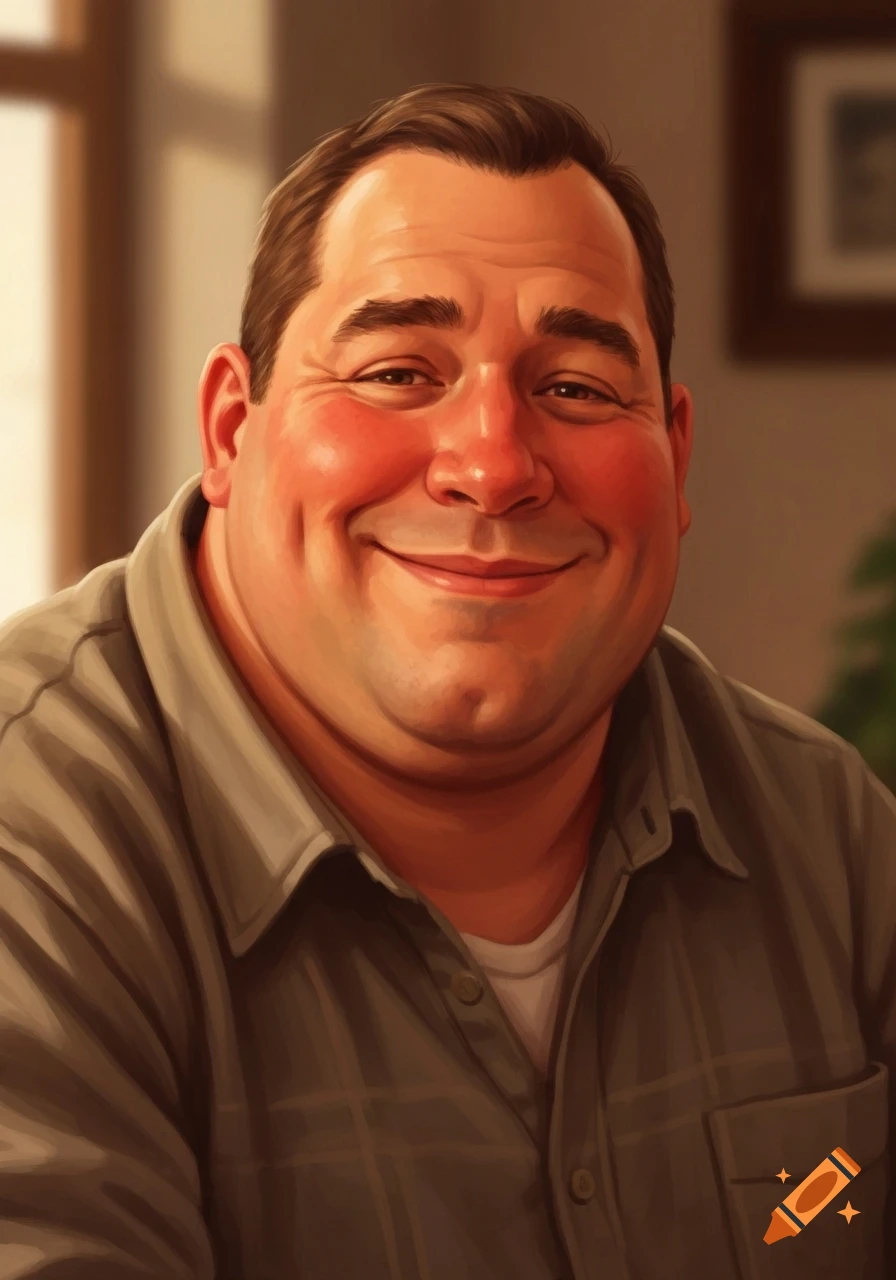 Illustration of a smiling, portly man with rosy cheeks, wearing a plaid shirt.