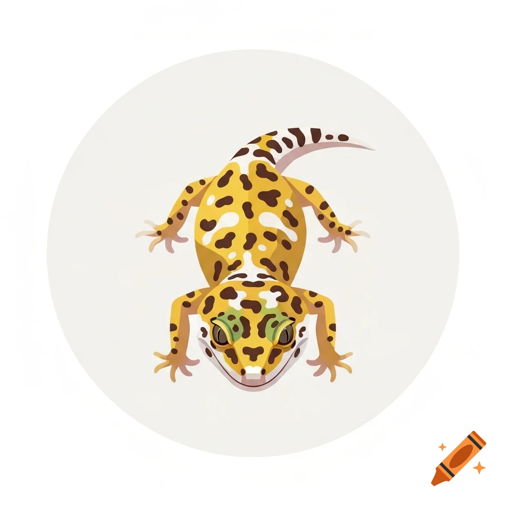 A stylized yellow and brown leopard gecko with green eyes, viewed from above, within a white circle.