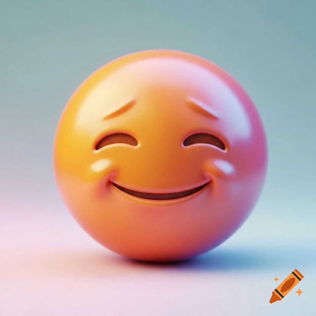 A 3D render of a shyly smiling orange emoji with eyes closed, against a subtle gradient background.