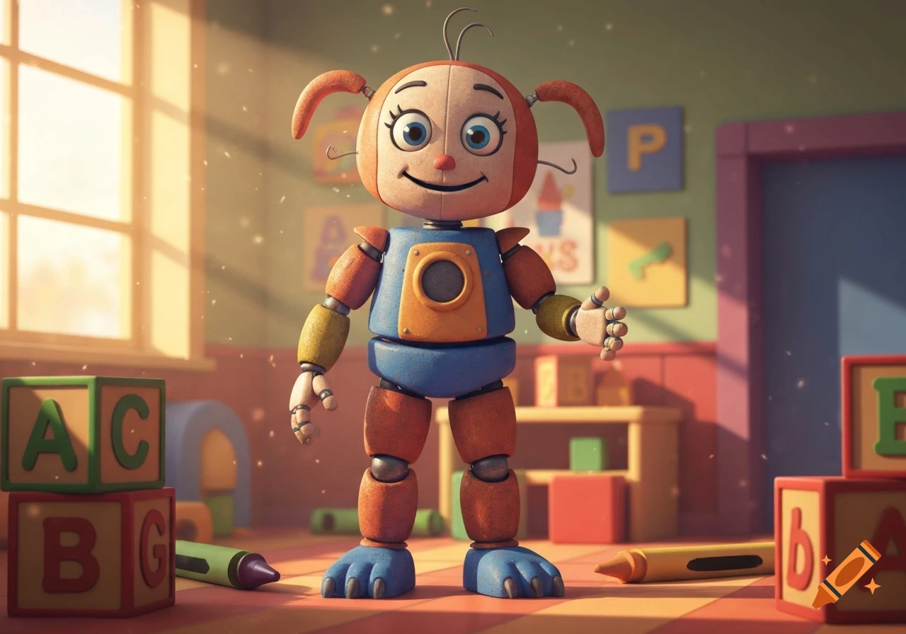 A friendly, colorful animatronic stands in a sunlit playroom with alphabet blocks and crayons, rendered in 3D.